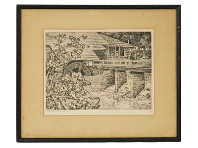 AMERICAN OLD MILL ETCHING BY WALTER R LOCKE SIGNED. Walter R. Locke, American, 1883 to 1949, an 