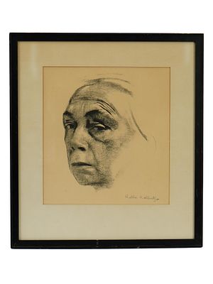 KATHE KOLLWITZ GERMAN LITHOGRAPH SELF PORTRAIT SIGNED. Kathe Kollwitz, a lithograph on paper 