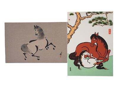 VINTAGE JAPANESE COLOR WOODBLOCK PRINTS HORSES. Two vintage Japanese color woodblock prints 