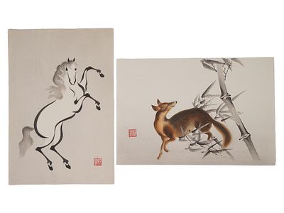 VINTAGE JAPANESE COLOR WOODBLOCK PRINTS FOX AND HORSE. Two vintage Japanese color woodblock 