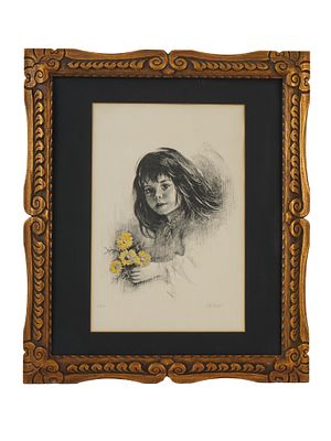 MID CENTURY LITHOGRAPH SIGNED FABRI GIRL WITH FLOWERS. A mid-century portrait lithograph 