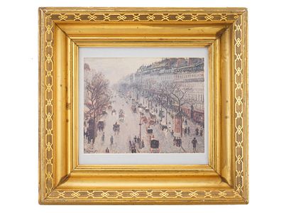 ANTIQUE 19 C GILDED FRAME WITH IMPRESSIONIST PRINT. An antique 19th-century gilded wooden 