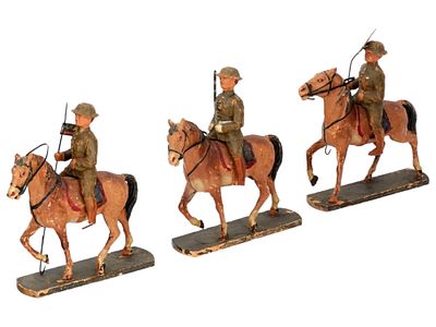 ANTIQUE SOLDIER HORSEBACK FIGURINES ON WOODEN BASES. A set of three antique soldier horseback 