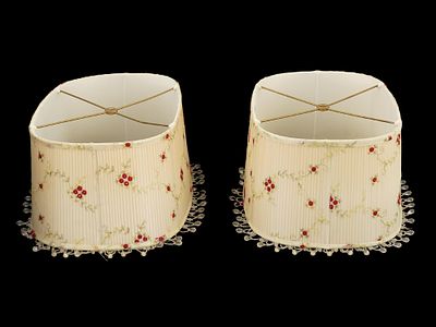 PAIR OF FLORAL EMBROIDERED LAMP SHADOWS BY ROSEART. A pair of embroidered lamp shadow. The 