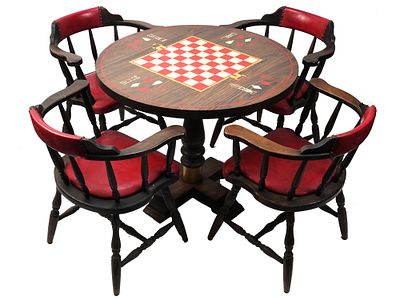 VINTAGE AMERICAN GAMBLING TABLE AND FOUR ARMCHAIRS. Vintage American wooden interior set of a 