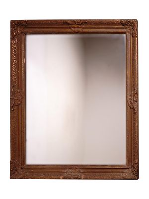 A LARGE ANTIQUE MIRROR WITH A WOODEN FRAME. A large antique mirror in a rectangular shaped 