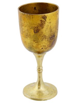 JUDAICA GOLD PATINA STAR OF DAVID KIDDUSH CUP GOBLET. A Judaica gold patinated Kiddush cup. The 