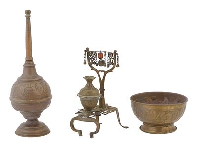 LOT OF THREE BRASS AND COPPER WARES. A lot of three brass and copper wares: a jug or vase with a 