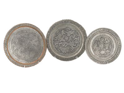 PERSIAN CIRCULAR COPPER SILVER PLATED TRAYS. A lot of three Persian decorative circular copper 
