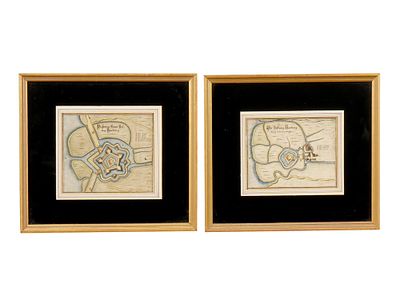 AFTER MATTHAUS MERIAN MAP OF HARBURG CASTLE PRINTS. A pair of hand-colored facsimile prints 