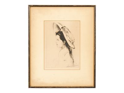EARLY 20TH C PORTRAIT OF A CHILD ETCHING SIGNED. Etching on paper. Profile portrait of a girl in 