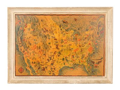 VINTAGE POSTER MIGUEL COVARRUBIAS AMERICA PICTORIAL MAP. A vintage framed poster of Miguel 
