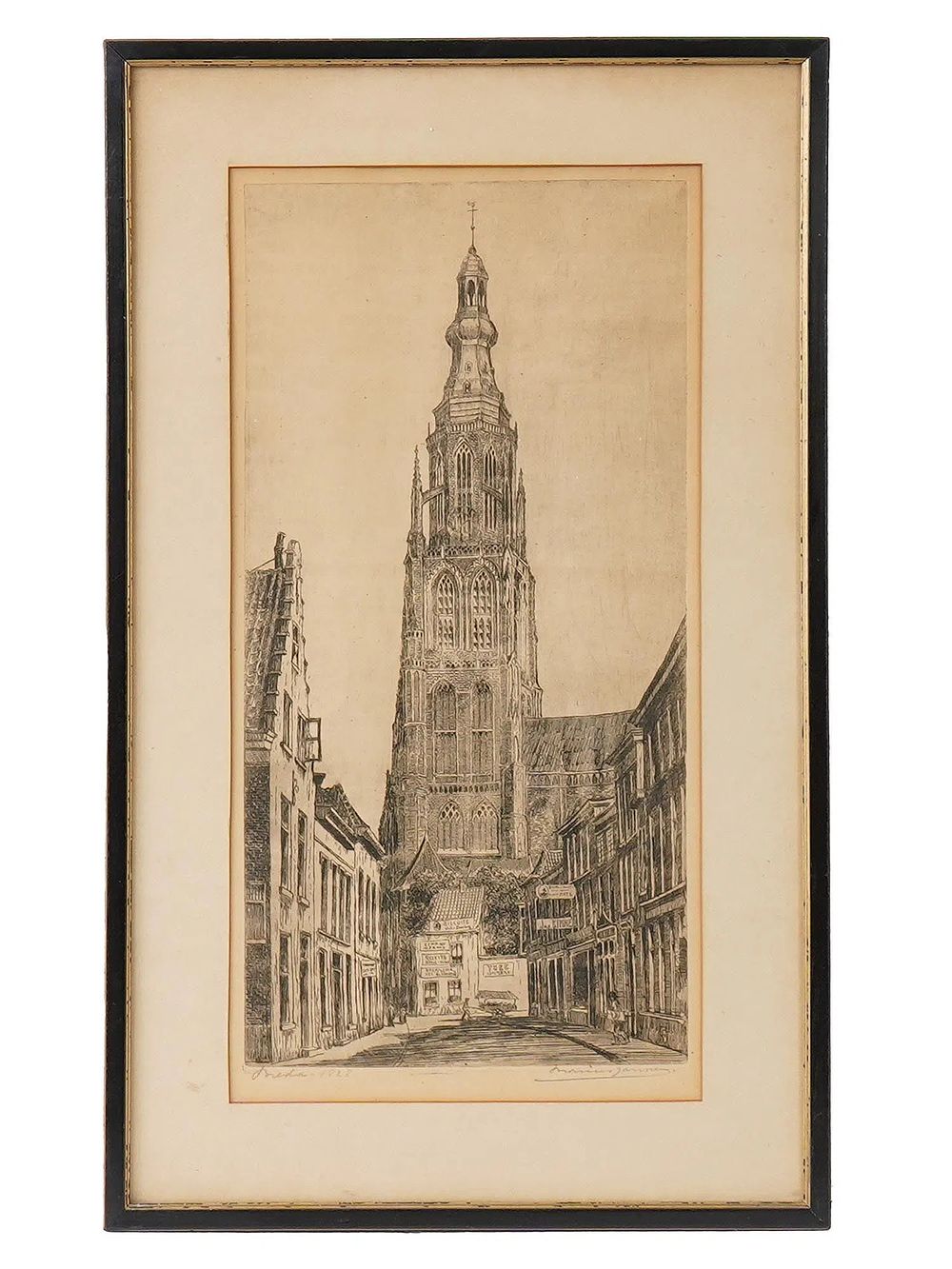 1928 DUTCH CHURCH ETCHING BY MARIUS JANSSEN SIGNED. Marius Janssen, Dutch, 1885 to 1957, an 