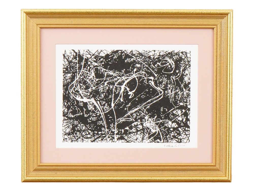 ABSTRACT LITHOGRAPH PRINT SIGNED JACKSON POLLOCK. A black and white lithograph on paper, signed 