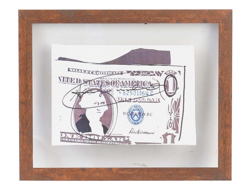 ONE DOLLAR BILL PRINT ON CANVAS SIGNED ANDY WARHOL. Offset print on canvas, signed in marker in 