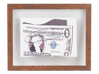 ONE DOLLAR BILL PRINT ON CANVAS SIGNED ANDY WARHOL. Offset print on canvas, signed in marker in 