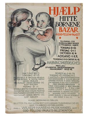 ANTIQUE DANISH POSTER HELP THE FOUNDLINGS BAZAAR 1918. An original antique Danish poster Help 