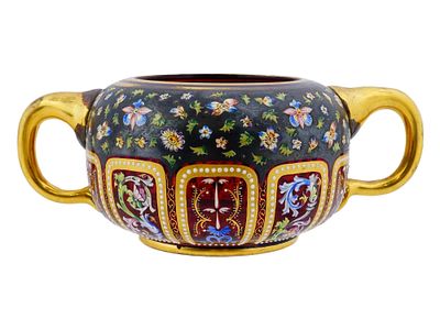 AUSTRIAN MOSER HAND ENAMELLED GLASS SUGAR BOWL. An Austrian Moser hand enamelled glass sugar 