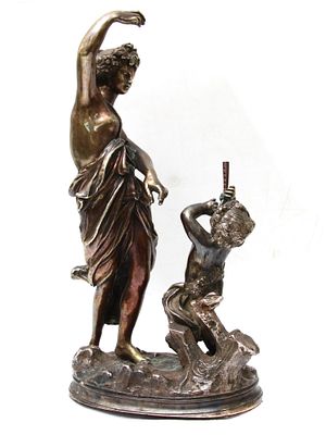 ANTIQUE EUROPEAN BRONZE STATUETTE BACCHANTE C 1900. An antique European bronze cabinet statuette 