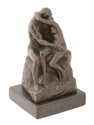 KISS TERRACOTTA FIGURE BY BARBEDIENNE AFTER RODIN. A Mid century 1957 painted plaster figurine 