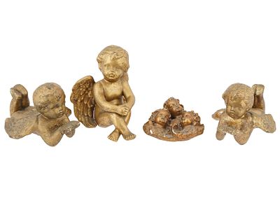 FOUR VINTAGE GILT PLASTER CHERUB FIGURINES 1990S. A lot of four vintage gilt plaster cherub 