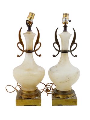 PAIR OF HOLLYWOOD REGENCY STYLE ALABASTER BRASS LAMPS. A pair of Hollywood Regency manner lamps. 