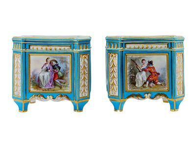 ANTIQUE FRENCH SEVRES GILT PORCELAIN CACHE POTS. A pair of antique French Sevres gilt porcelain 