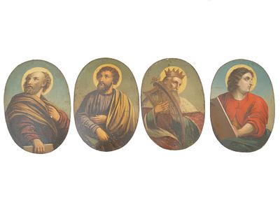 FOUR ANTIQUE RELIGIOUS PLAQUES EVANGELISTS KING DAVID. A group of four antique religious plaques 