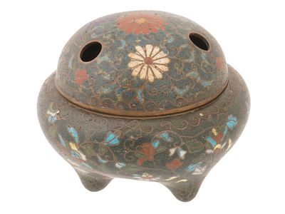 JAPANESE MEIJI CLOISONNE TRIPOD INSENCE BURNER. An antique Japanese copper tripod censer with 