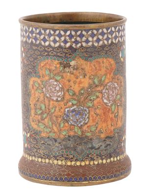 ANTIQUE JAPANESE MEIJI CLOISONNE ENAMEL METAL BRUSH POT. An antique Japanese Meiji cloisonne 