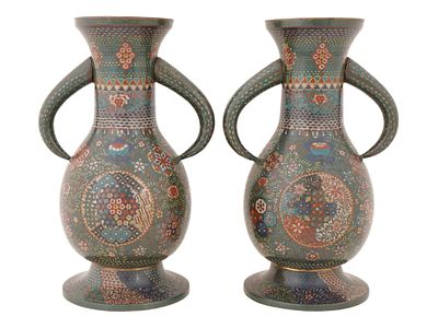 PAIR OF ANTIQUE JAPANESE CLOISONNE ENAMEL VASES. A pair of antique Japanese cloisonne enamel 