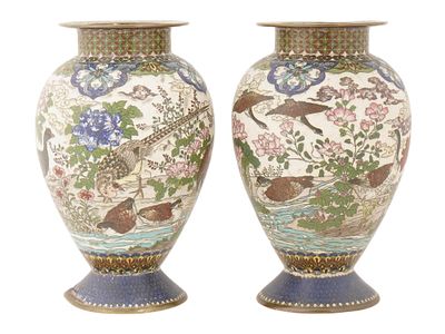 PAIR OF JAPANESE CLOISONNE ENAMEL FLORAL DESIGN VASES. A pair of Japanese enamel vases. Each 