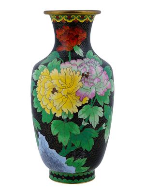 CHINESE FLORAL POLYCHROME CLOISSONNE ENAMEL VASE. A Chinese enamel over brass vase. The vase has 