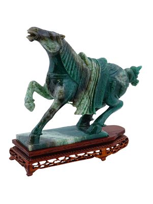CHINESE TANG STYLE CARVED JADE HORSE SCULPTURE W STAND. A Chinese carved jade sculpture 
