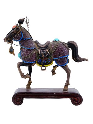 CHINESE ENAMEL SILVER STONES HORSE FIGURE W STAND. A Chinese gilt Silver horse figurine, crafted 