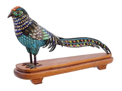 CHINESE ENAMEL FILIGREE SILVER STONES BIRD FIGURINE. A Chinese enamel Silver figurine of a bird. 