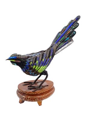 CHINESE ENAMEL FILIGREE SILVER BIRD FIGURINE W STAND. A Chinese enamel Silver figurine of a 