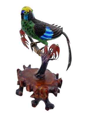CHINESE ENAMEL FILIGREE SILVER BIRD FIGURINE W STAND. A Chinese enamel Silver figurine of a 