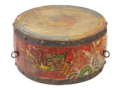 ORIGINAL 19TH CEN KOREAN COWSKIN IRON PANSORI DRUM. An original 19th century Korean Joseon 