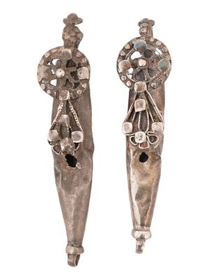 PAIR OF ANCIENT BYZANTINE SILVER EARRINGS OR PENDANTS. A pair of ancient Byzantine silver 