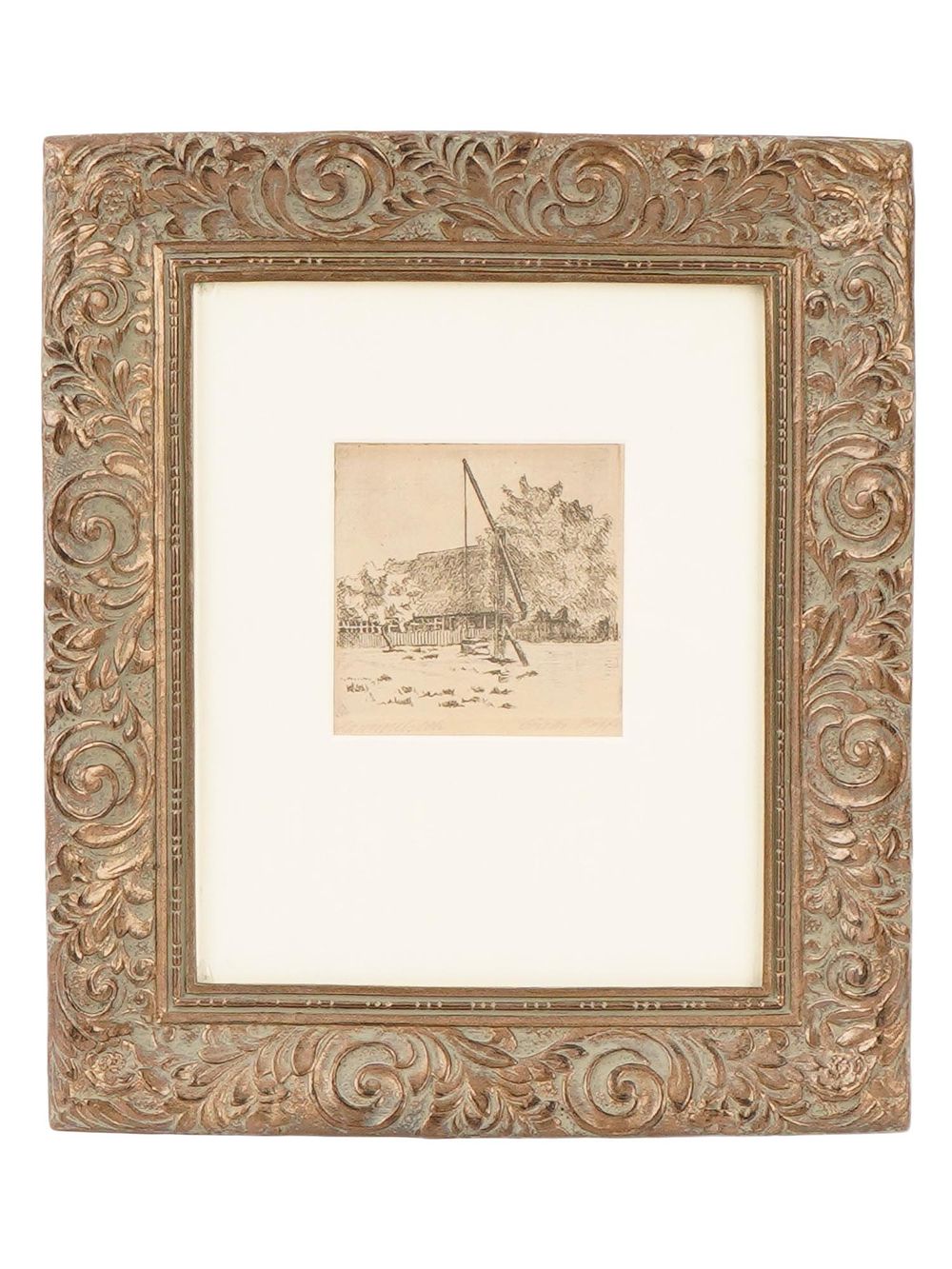 ANTIQUE EUROPEAN ETCHING OF A RURAL LANDSCAPE SIGNED. An antique European etching depicting a 