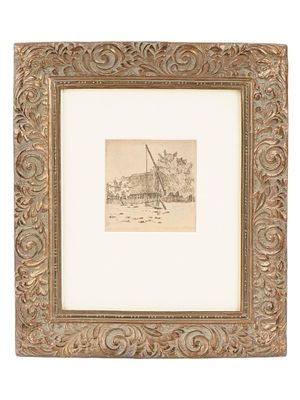 ANTIQUE EUROPEAN ETCHING OF A RURAL LANDSCAPE SIGNED. An antique European etching depicting a 