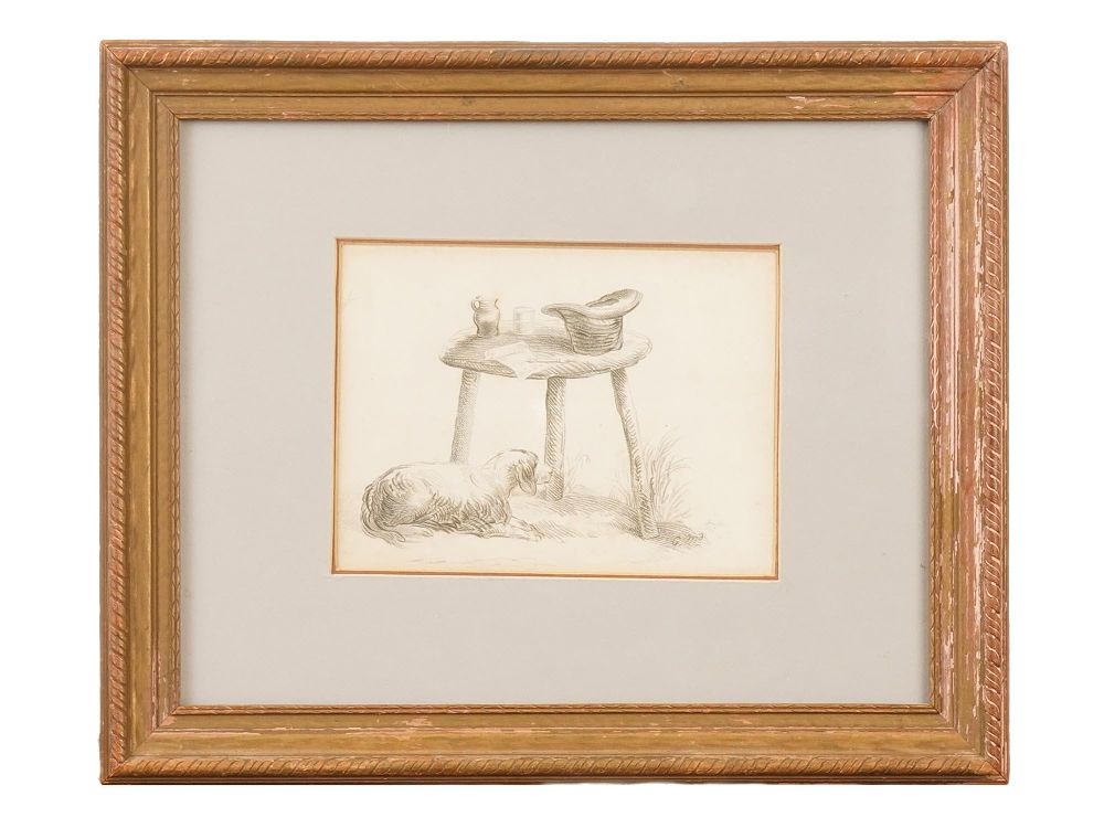 GEORGE MORLAND ENGLISH LITHOGRAPH DOG AND HAT SIGNED. George Morland, English, 1763 to 1804, a 