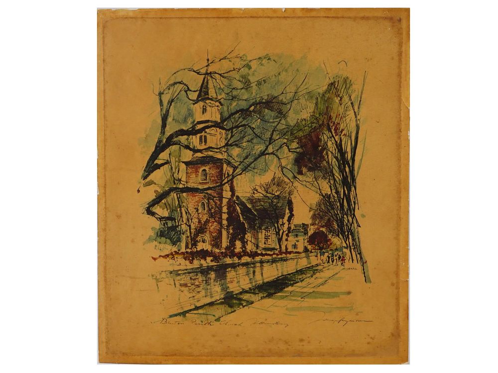 AMERICAN CHURCH DRYPOINT PRINT BY JOHN HAYMSON. John Haymson, American, 1903 to 1980, drypoint 