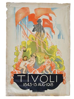 1918 DANISH POSTER TIVOLI GARDENS THOR BOGELUND JENSEN. An antique Danish advertising poster for 