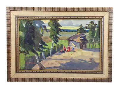 RUSSIAN PAINTING BY ARKADY RYLOV LANDSCAPE W CHILDREN. An oil on canvas painting by Arkady 