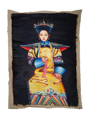 CHINESE EMPRESS PORTRAIT OIL PAINTING SIGNED. A Chinese oil painting on canvas, likely depicts a 