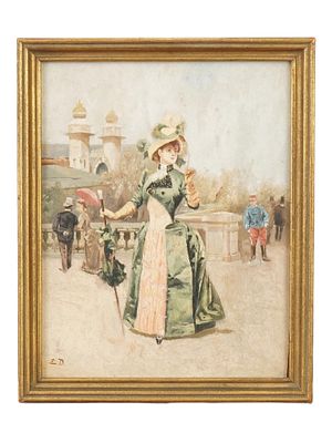 PAINTING AFTER LUDOVICO MARCHETTI LADY IN THE PARK. An oil painting on board of a woman, signed 