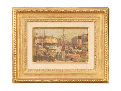 IMPRESSIONIST OIL PAINTING OF HARBOUR SCENE FRAMED. An oil painting on wood board, depicting a 