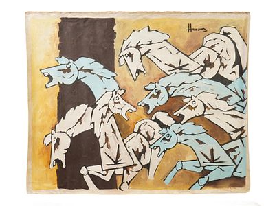 ATTR MF HUSAIN INDIAN ACRYLIC PAINTING HORSES. Attrubuted to Maqbool Fida Husain, Indian, 1915 
